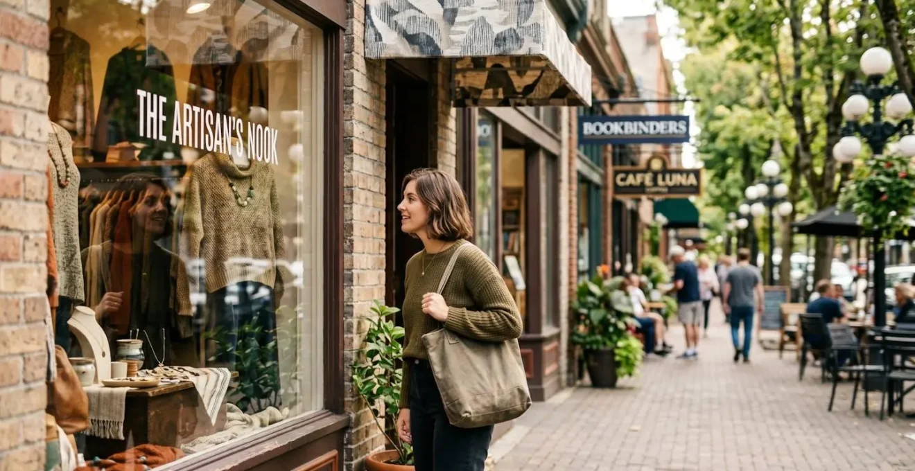 Charming neighborhood street with independent boutiques and artisanal shops in warm afternoon light