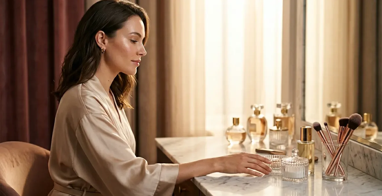 Elegant woman with radiant dewy skin preparing for an evening event in luxurious vanity setting
