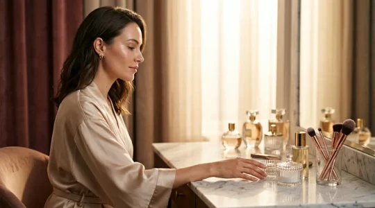Elegant woman with radiant dewy skin preparing for an evening event in luxurious vanity setting
