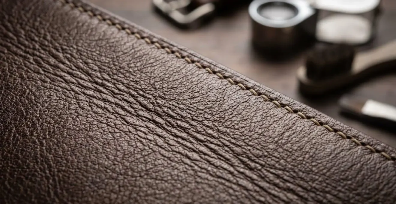 Macro photograph showing leather grain detail and hardware authentication process