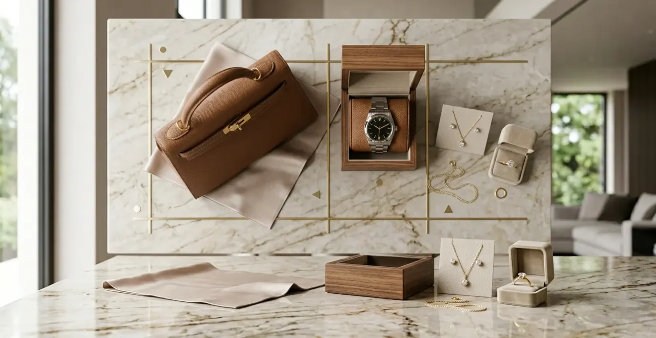 Professional editorial composition showcasing luxury investment pieces including handbags, watches and jewelry displayed in an elegant setting