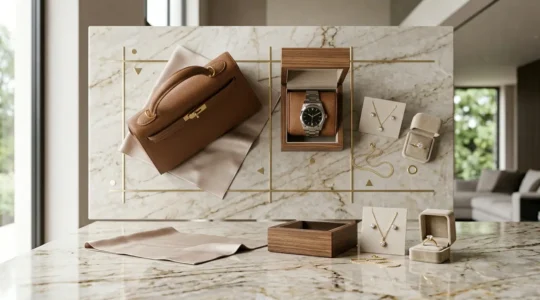 Professional editorial composition showcasing luxury investment pieces including handbags, watches and jewelry displayed in an elegant setting