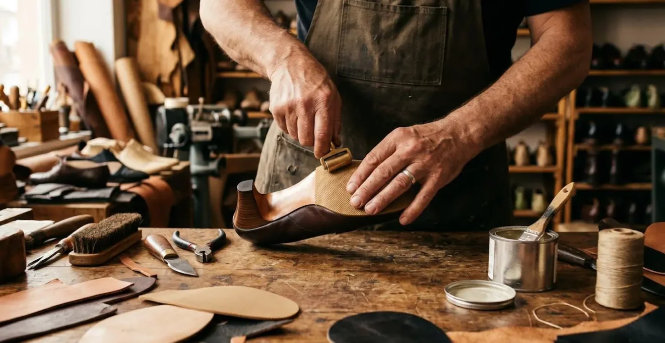 Professional cobbler's workbench showing protective sole application on designer pumps