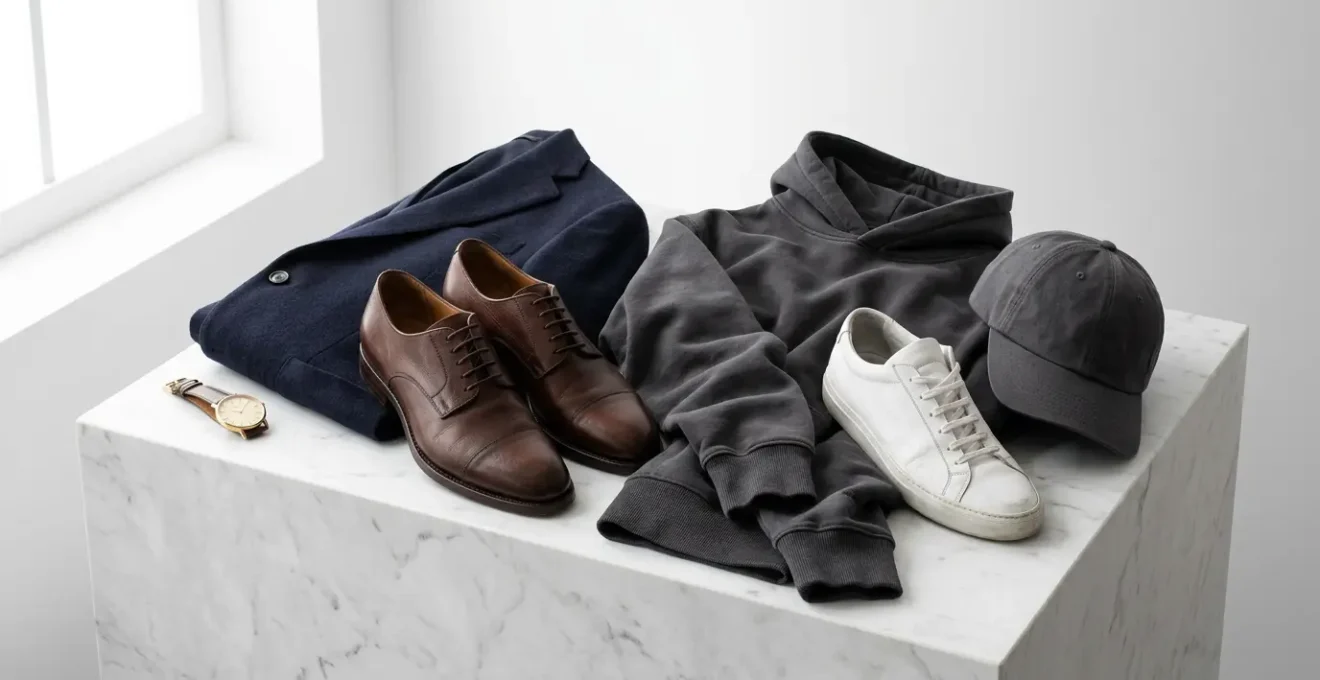 Modern fashion mixing high-end luxury with streetwear elements in an editorial style