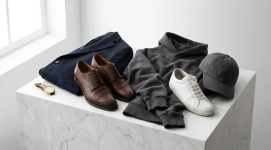 Modern fashion mixing high-end luxury with streetwear elements in an editorial style