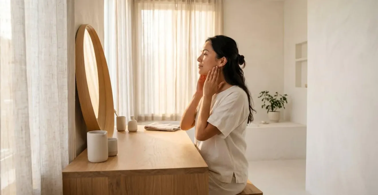 Person performing gentle lymphatic drainage movements on face in morning light