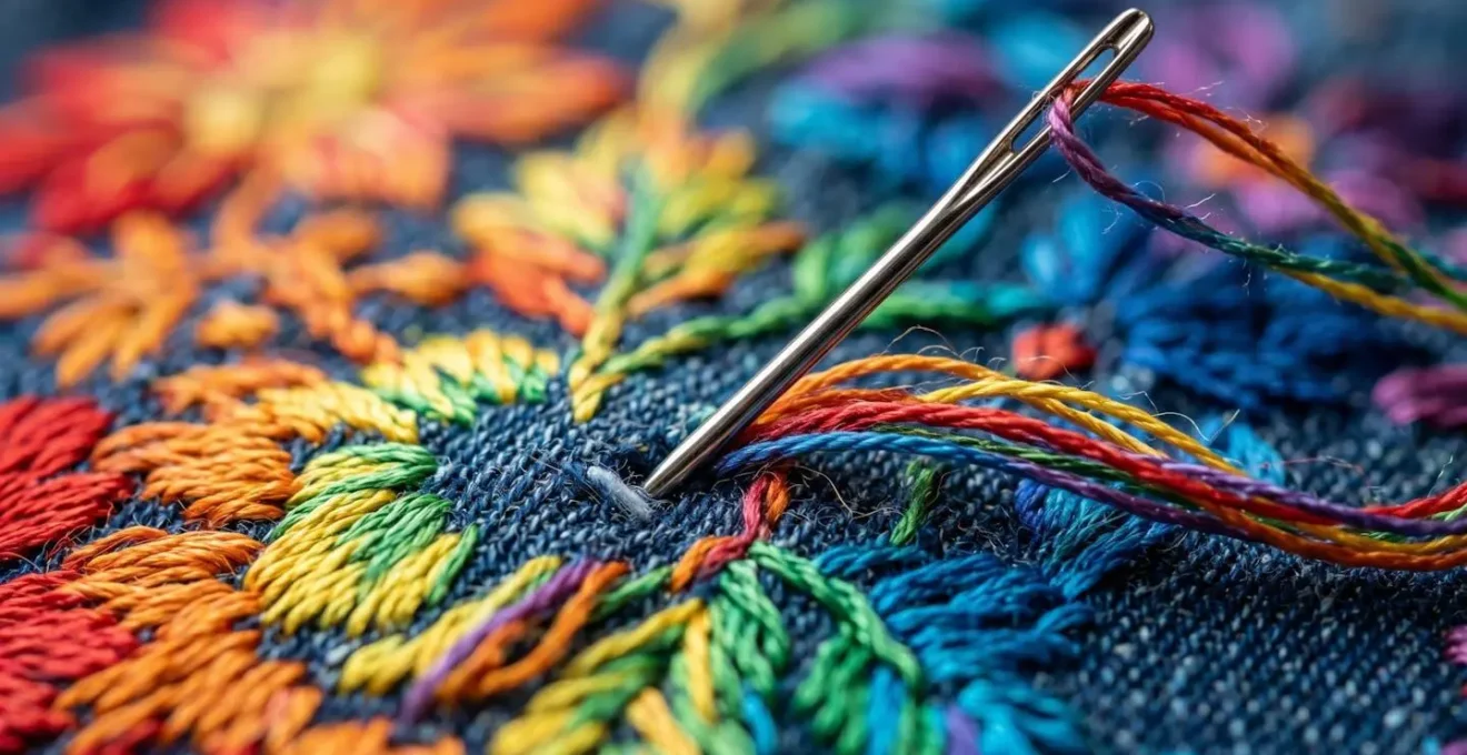 Extreme close-up of colorful embroidery thread creating intricate patterns on denim fabric