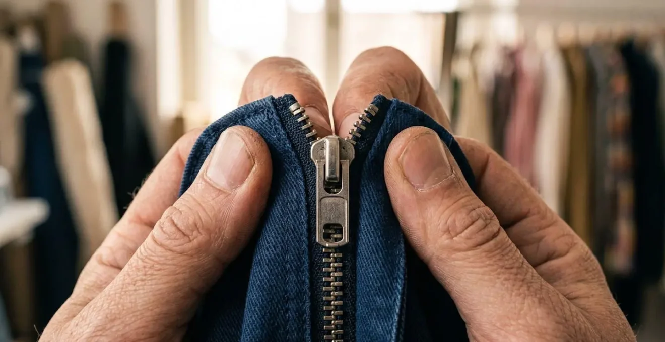 Extreme close-up of hands inspecting zipper quality on clearance garment