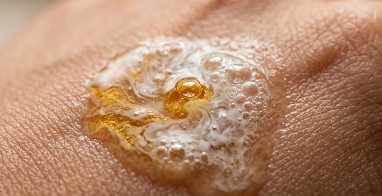 Extreme close-up of oil and water emulsification process on skin surface