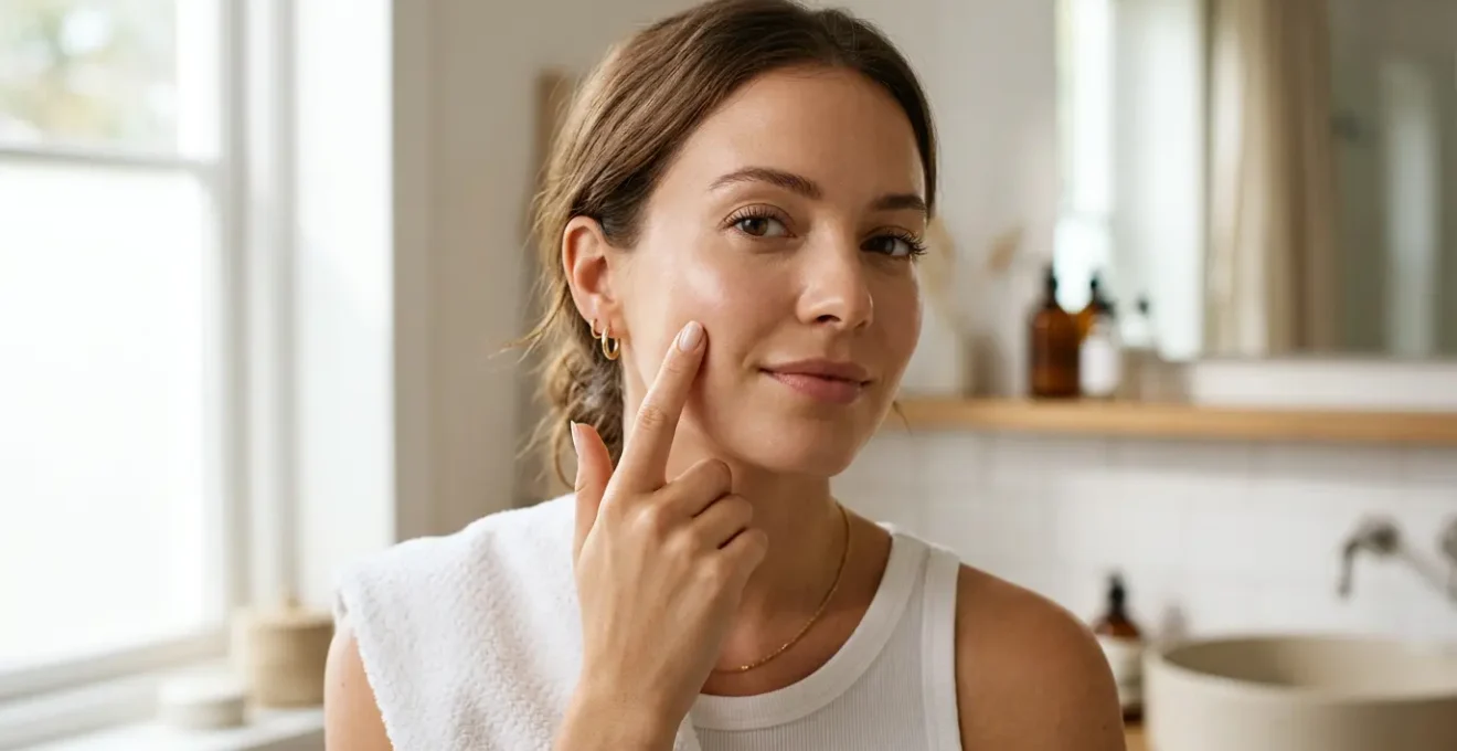 Woman with balanced, radiant skin gently touching her cheek in natural light