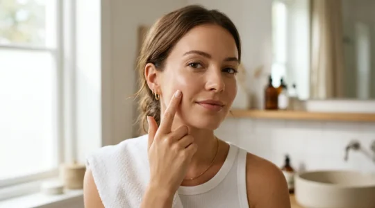 Woman with balanced, radiant skin gently touching her cheek in natural light