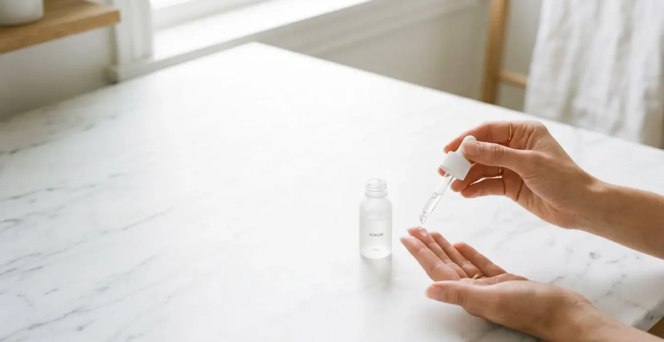Lightweight serum texture being applied around eye area with fingertips