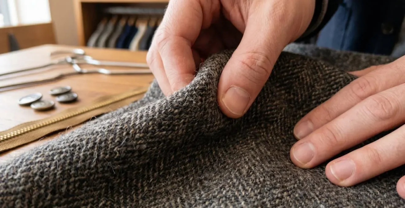 Hands carefully examining fabric texture and garment construction details in natural light
