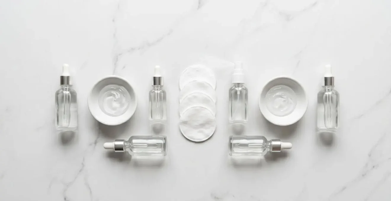 Overhead view of essential calming skincare products arranged on marble surface