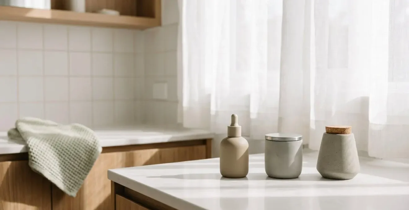 Minimalist skincare products arranged for barrier repair routine showing simplicity and calm