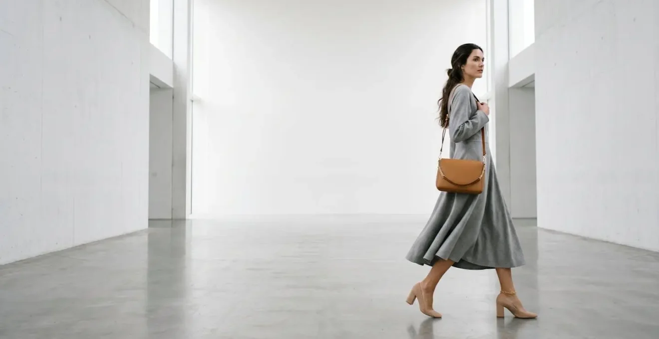 Stylish woman demonstrating the echoing technique with bag and shoe coordination