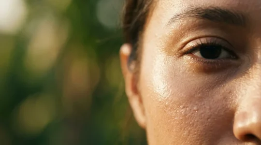 Close-up of radiant natural skin with visible texture improvement and healthy glow