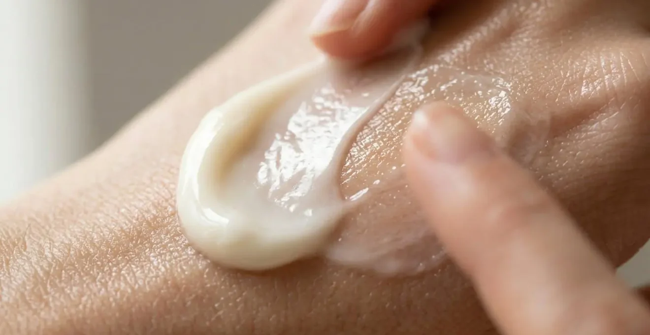 Close-up of rich night cream texture with golden undertones on healthy radiant skin