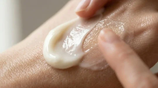 Close-up of rich night cream texture with golden undertones on healthy radiant skin