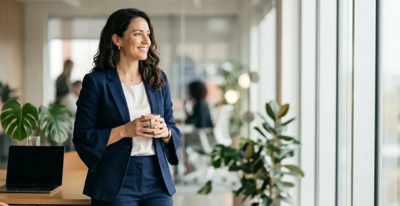 A confident businesswoman in a professional office outfit, subtly incorporating a runway trend element like an architectural sleeve on her blazer.