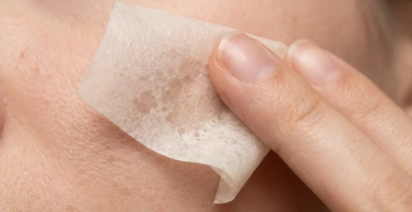 Hands demonstrating proper press and hold blotting technique on face