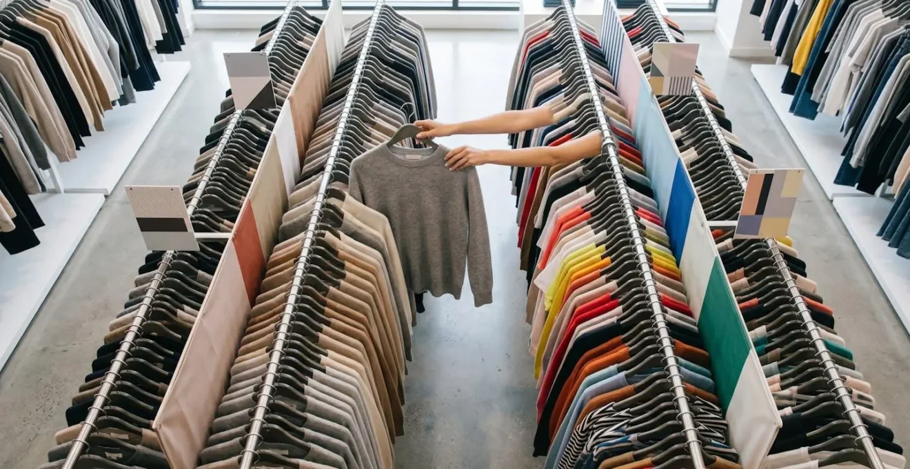 Overhead view of organized clearance rack with quality garments sorted by type
