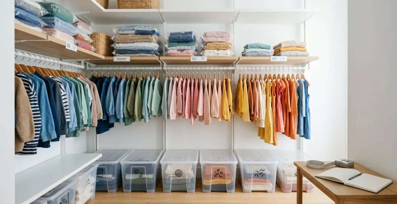 Well-organized children's closet with labeled bins and color-coded sections during wardrobe audit