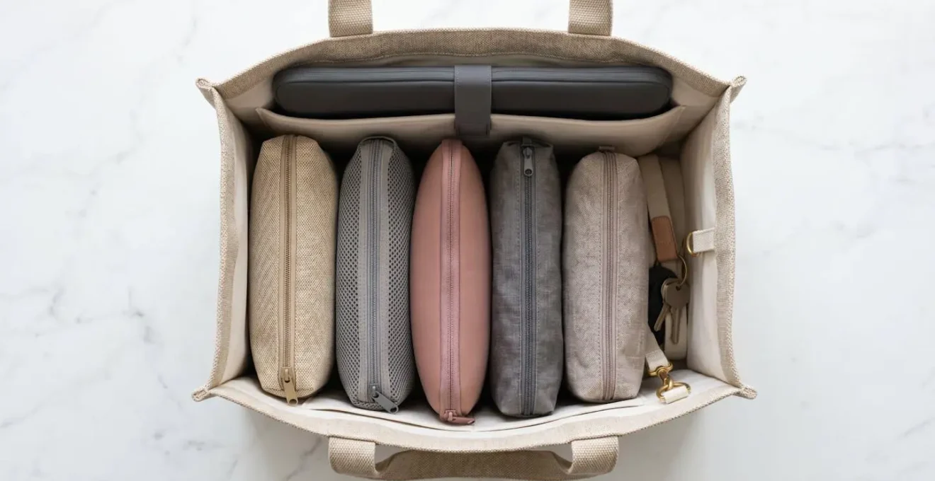 Interior view of organized tote bag with modular pouches and vertical compartments