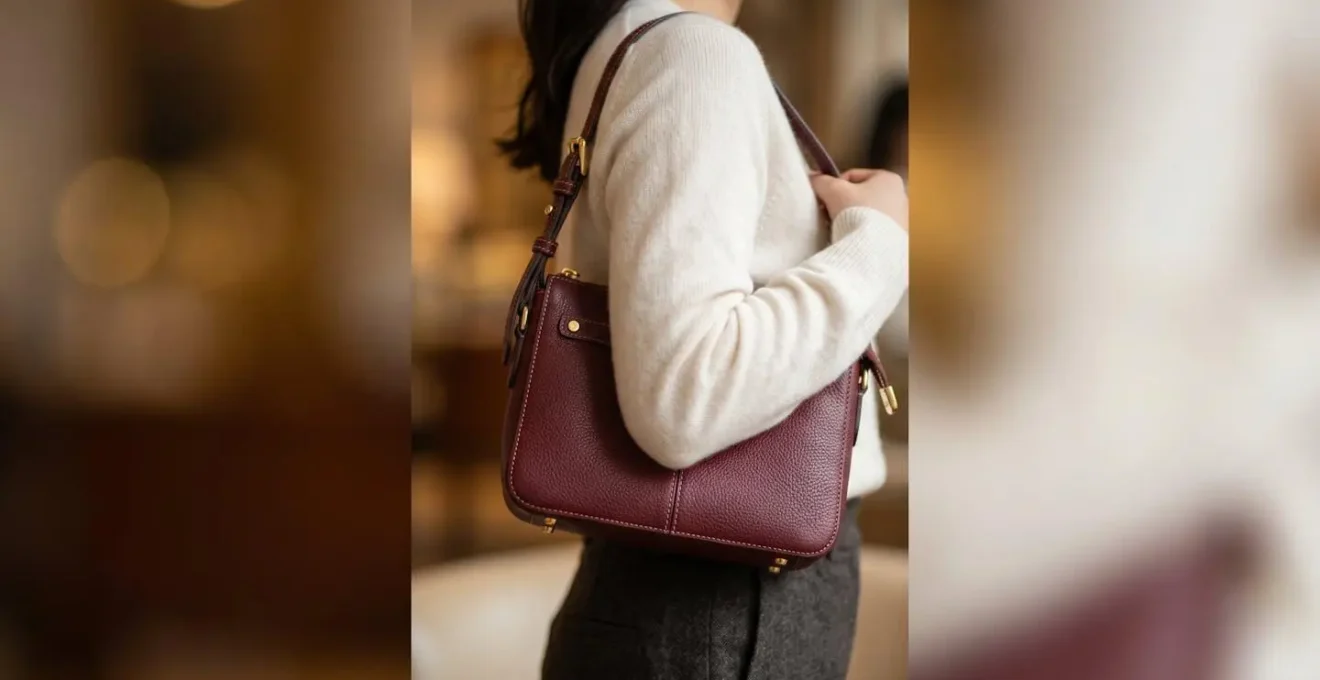 Petite woman demonstrating proper bag proportion and carrying technique