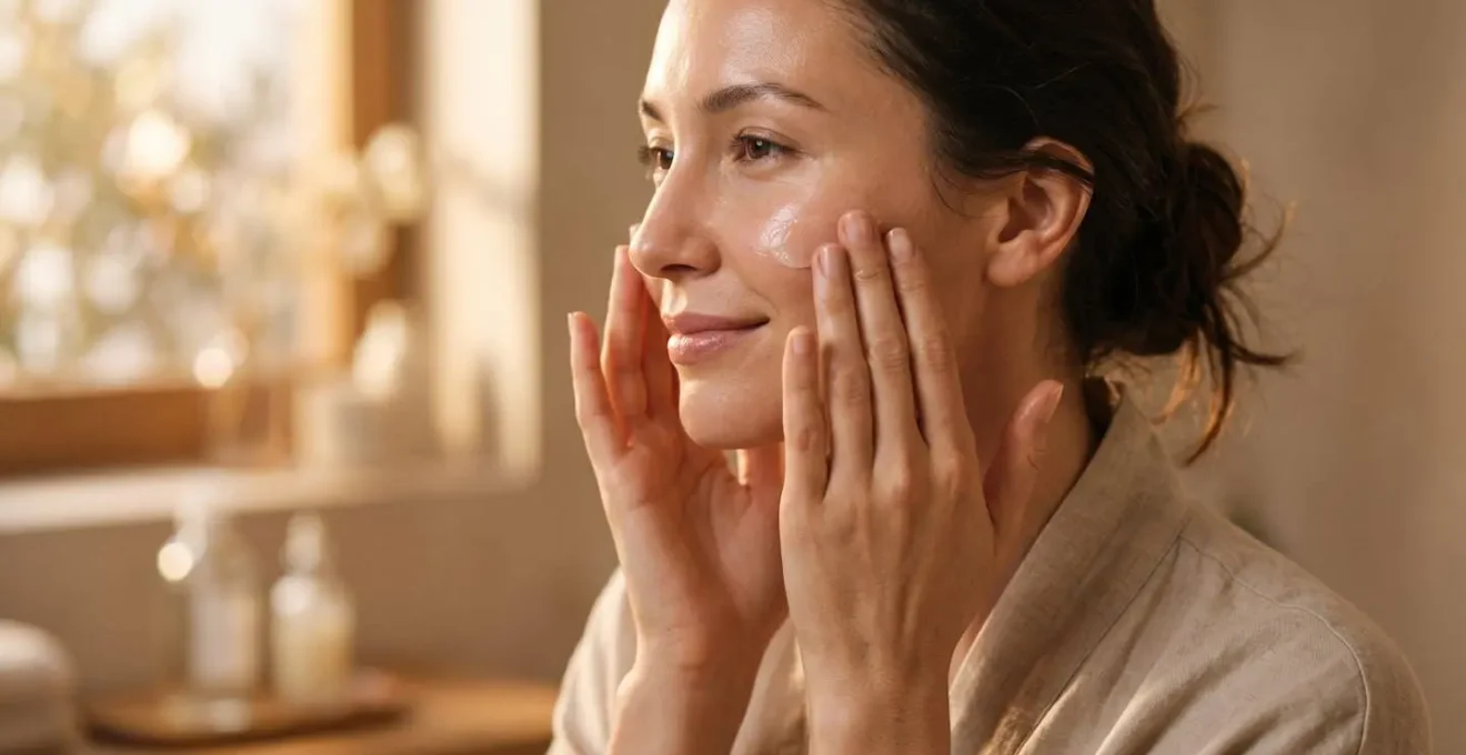 Hands applying occlusive balm in gentle pressing motions on facial skin