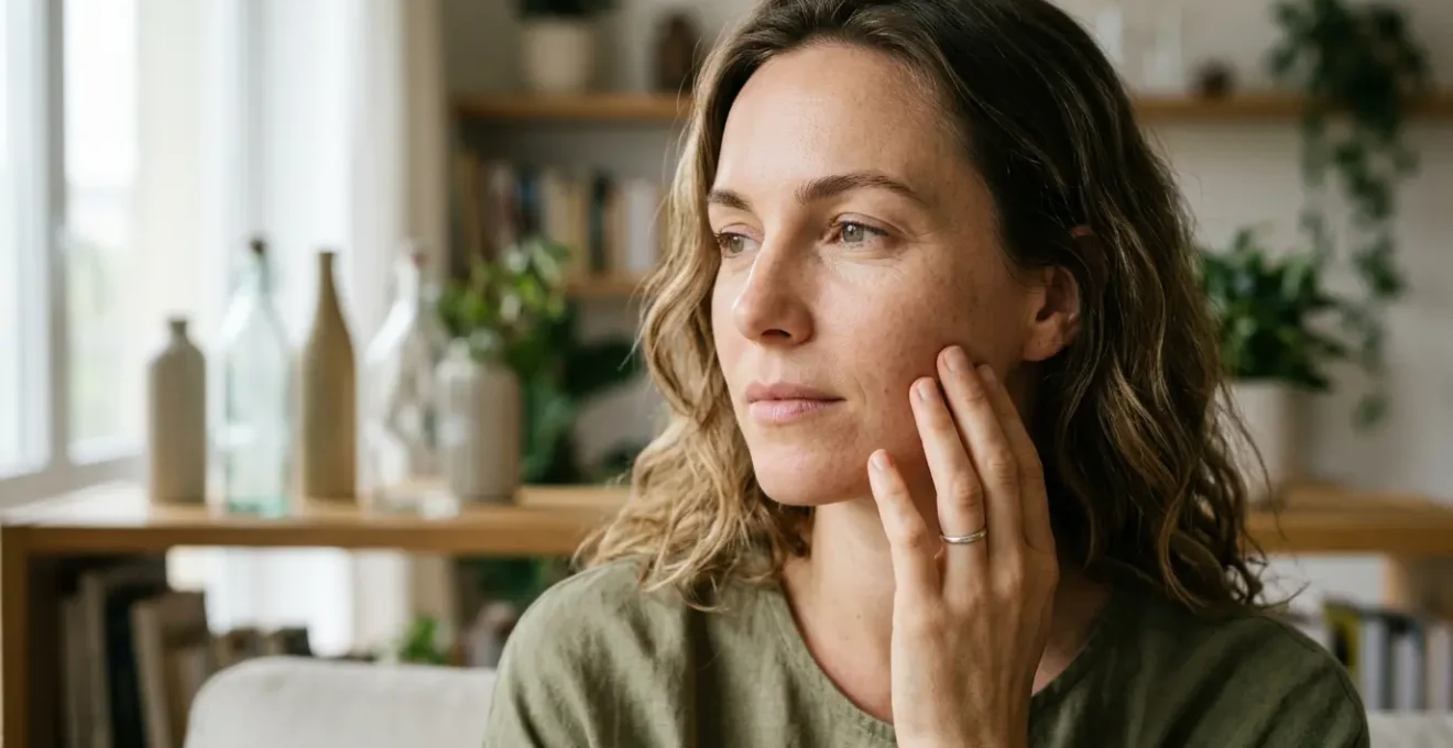 Split-screen portrait showing aging effects from pollution and technology on skin