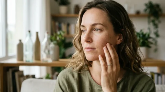 Split-screen portrait showing aging effects from pollution and technology on skin