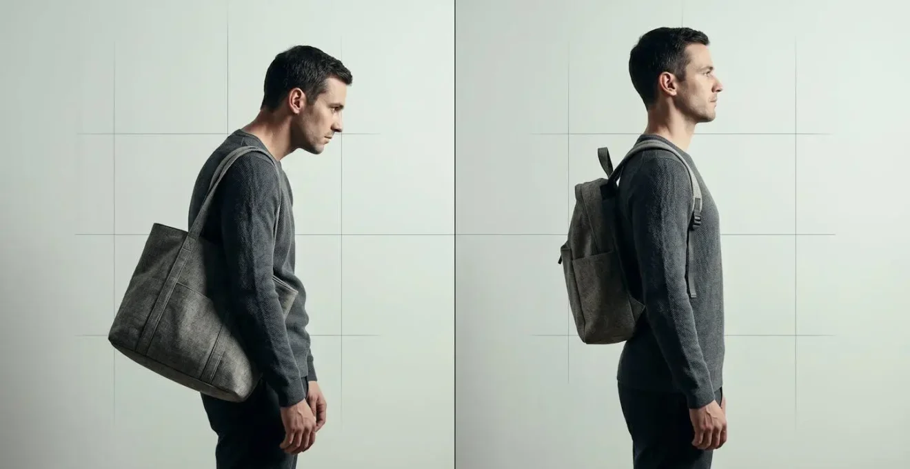Side view of professional demonstrating correct posture while carrying loaded tote bag