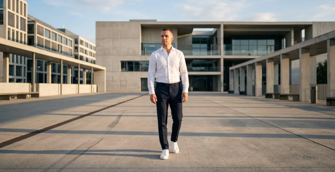 Sophisticated streetwear look avoiding costume replication through element isolation