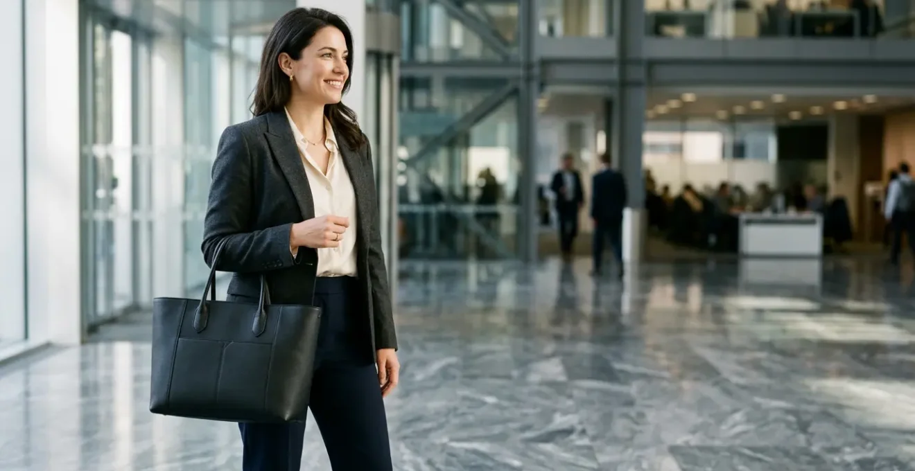 Professional woman carrying versatile tote bag in modern office setting