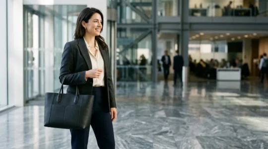 Professional woman carrying versatile tote bag in modern office setting