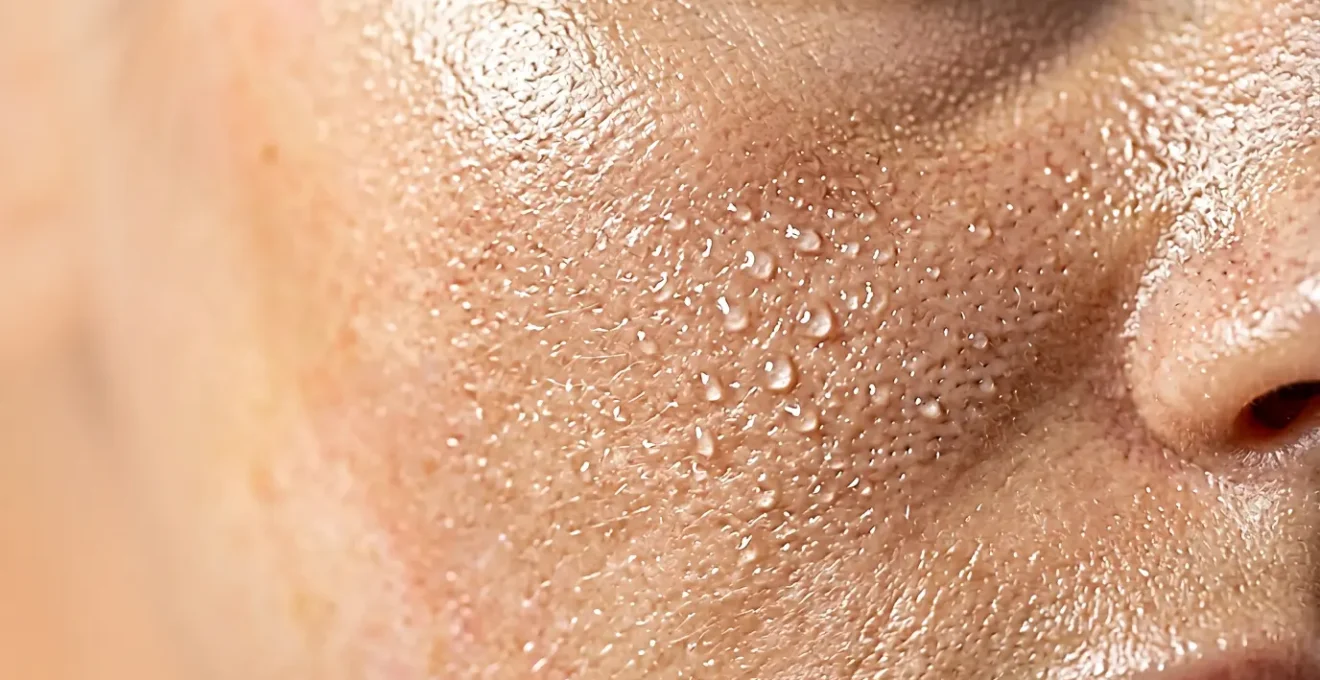 Close-up of healthy, hydrated skin showing moisture droplets and smooth texture without any visible blemishes