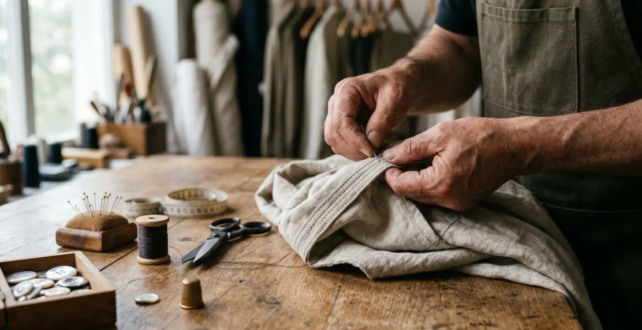 Close-up of high-quality garment construction showing reinforced seams and natural buttons