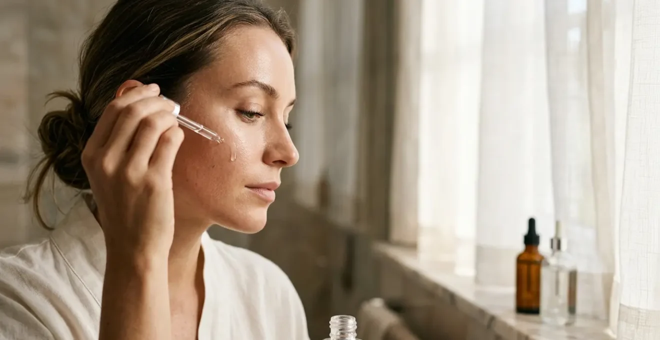 A serene morning skincare ritual scene showing glowing healthy skin