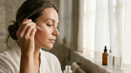 A serene morning skincare ritual scene showing glowing healthy skin