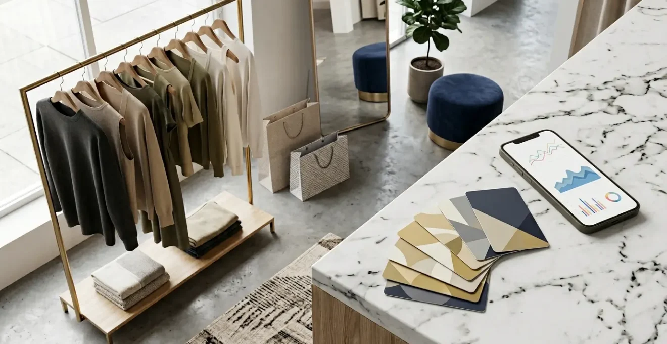 Modern minimalist fashion retail setting with strategic shopping elements for cashback maximization