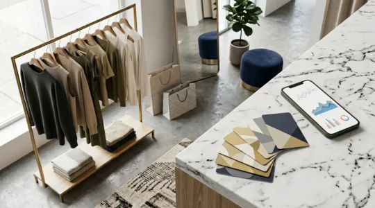 Modern minimalist fashion retail setting with strategic shopping elements for cashback maximization