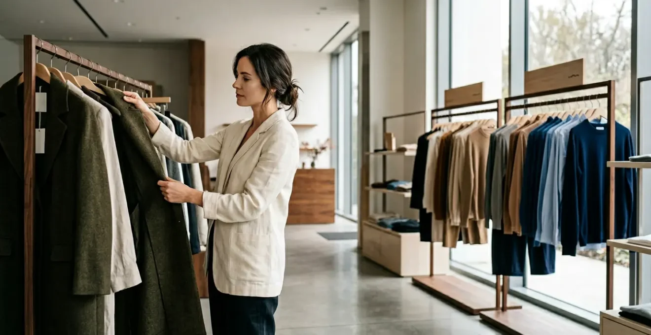Shopper examining garment quality in well-lit retail clearance section