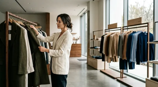 Shopper examining garment quality in well-lit retail clearance section