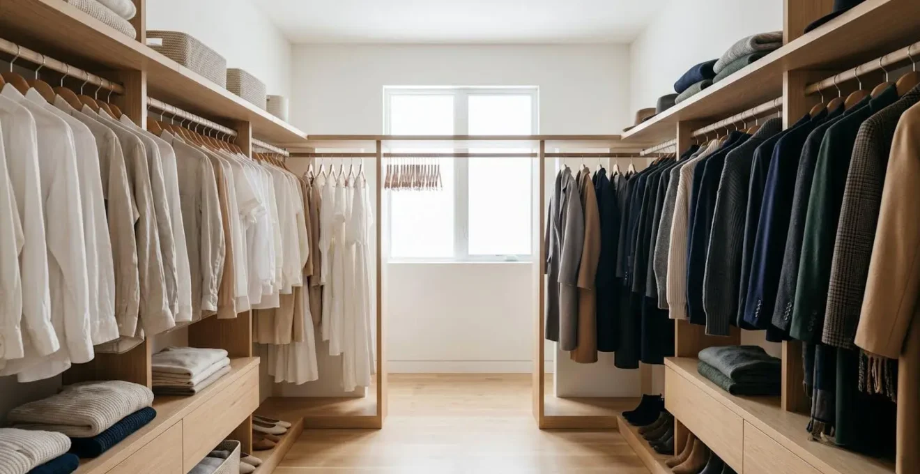 Wide shot of organized closet space with seasonal clothing sections and soft natural lighting
