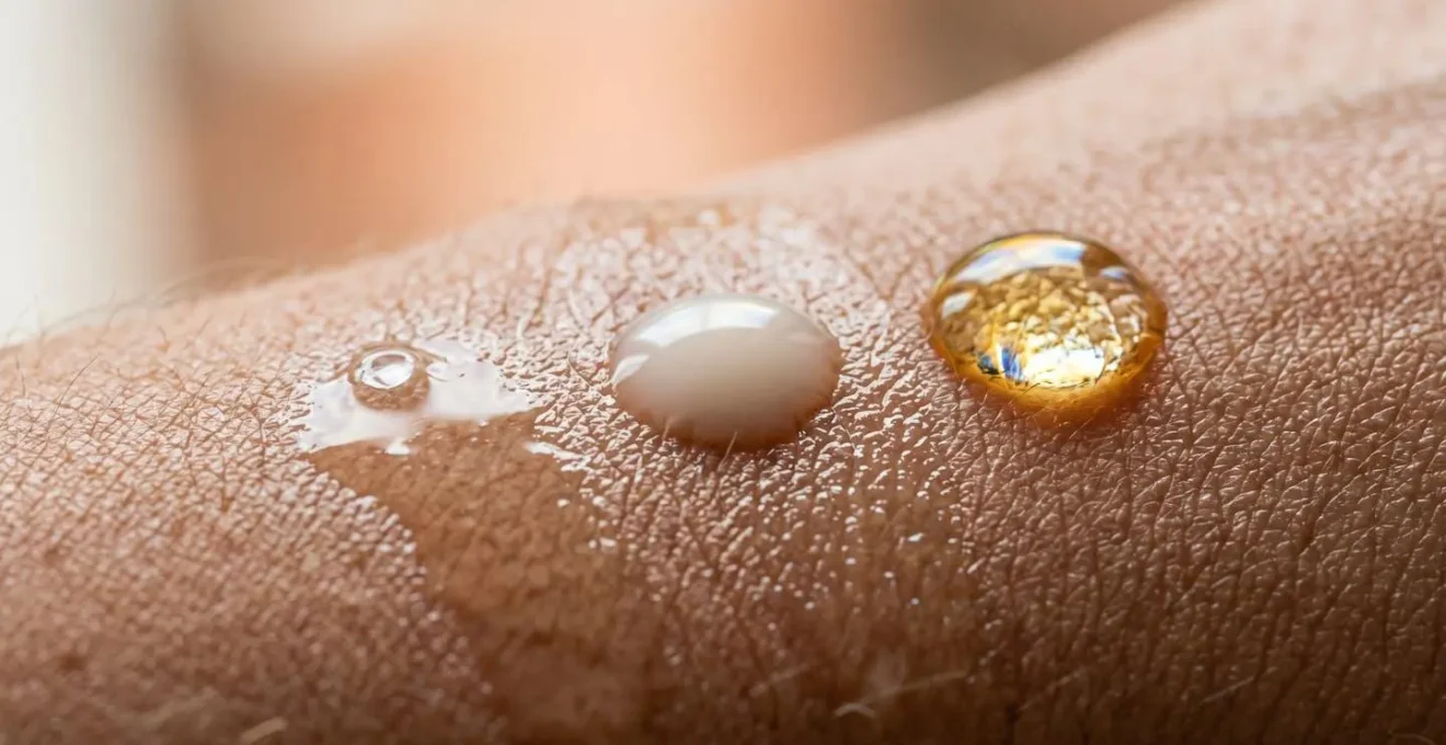 Close-up of different serum textures being layered on skin showing absorption