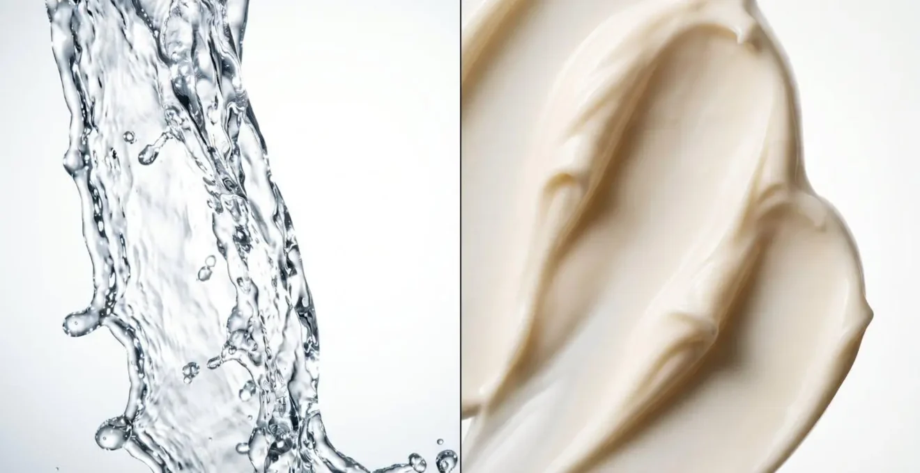 Split composition showing water glass on one side and moisturizer texture on the other, representing internal versus external hydration methods