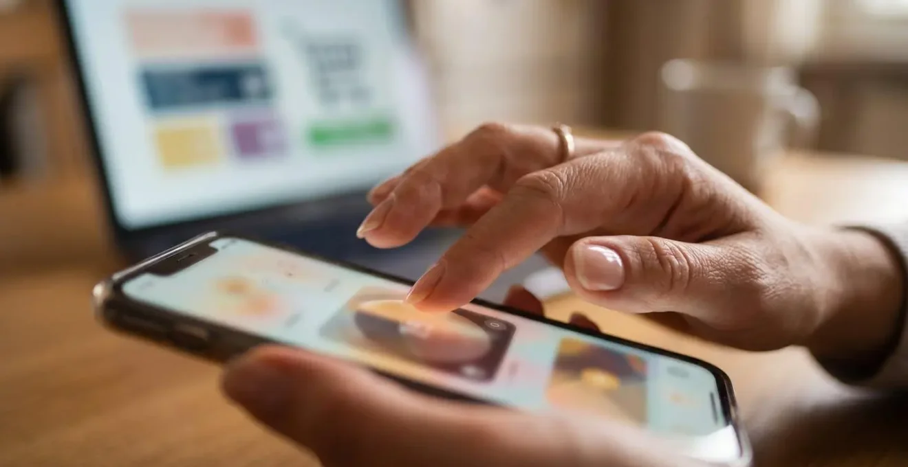 Close-up of hands setting a 24-hour timer on a phone next to an abandoned online shopping cart