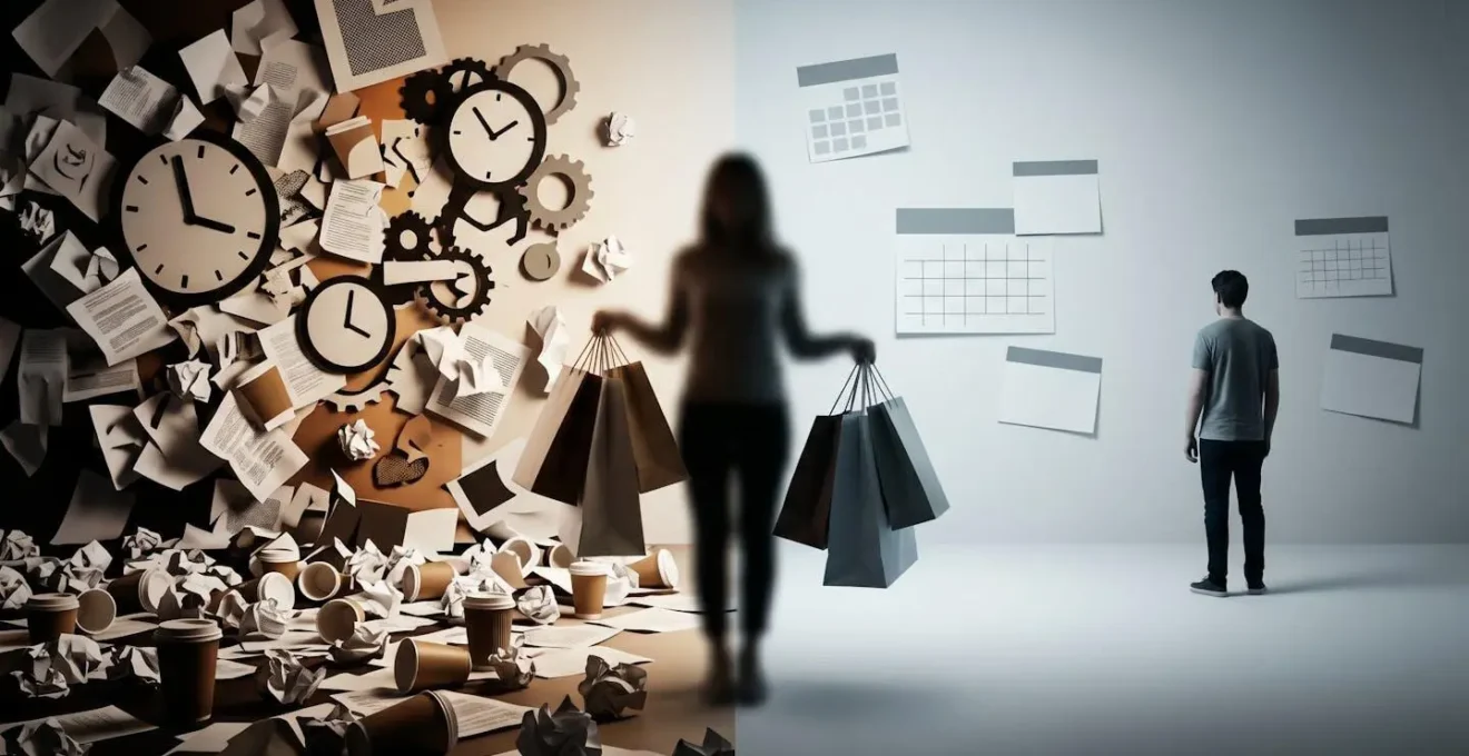 Split composition showing contrasting emotional states of stress and boredom leading to shopping