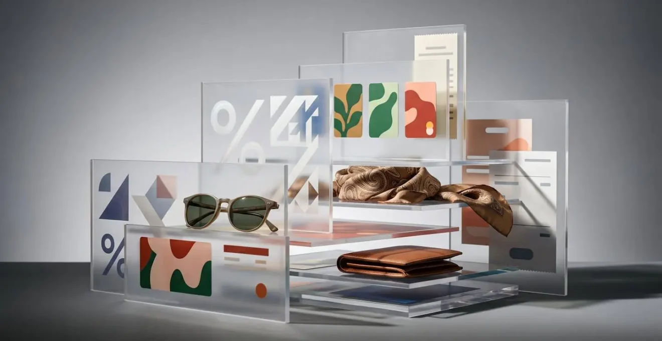 Layered shopping strategy concept showing multiple savings methods in fashion retail